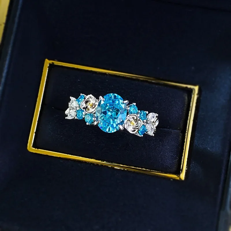 

2025 S925 Silver European and American2025 2-carat Sea Blue Zirconia Hydrangea Fairy Ring Ring Luxury Wedding Jewelry