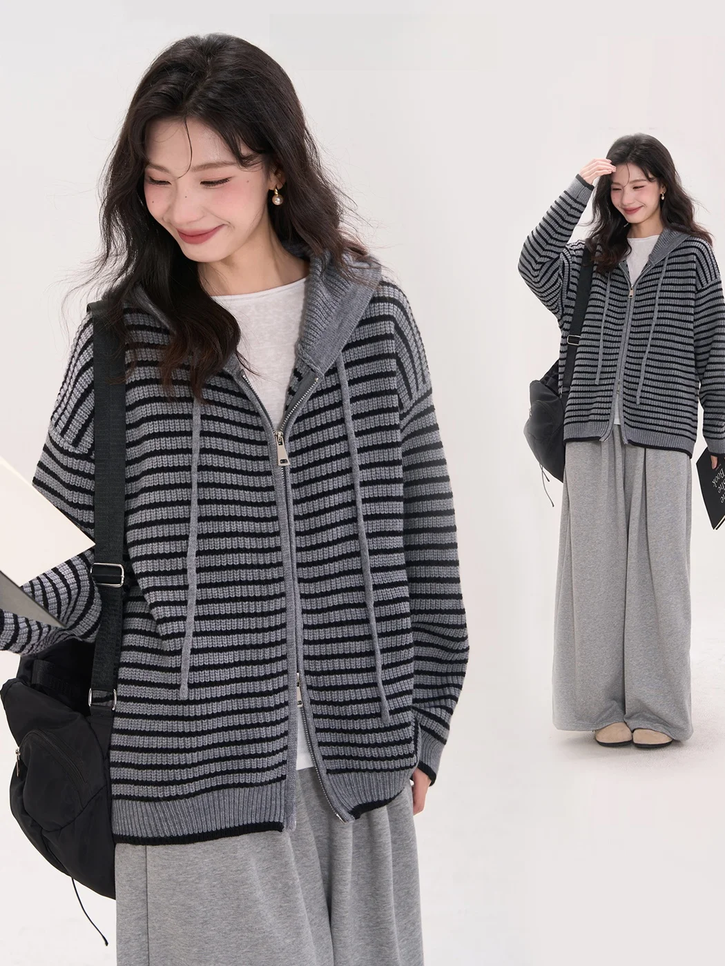 

Heme Повседневный полосатый вязаный свитер с капюшоном на молнии Свободный открытый кардиган Осень-зима Женский модный свитер из полиэстера N...