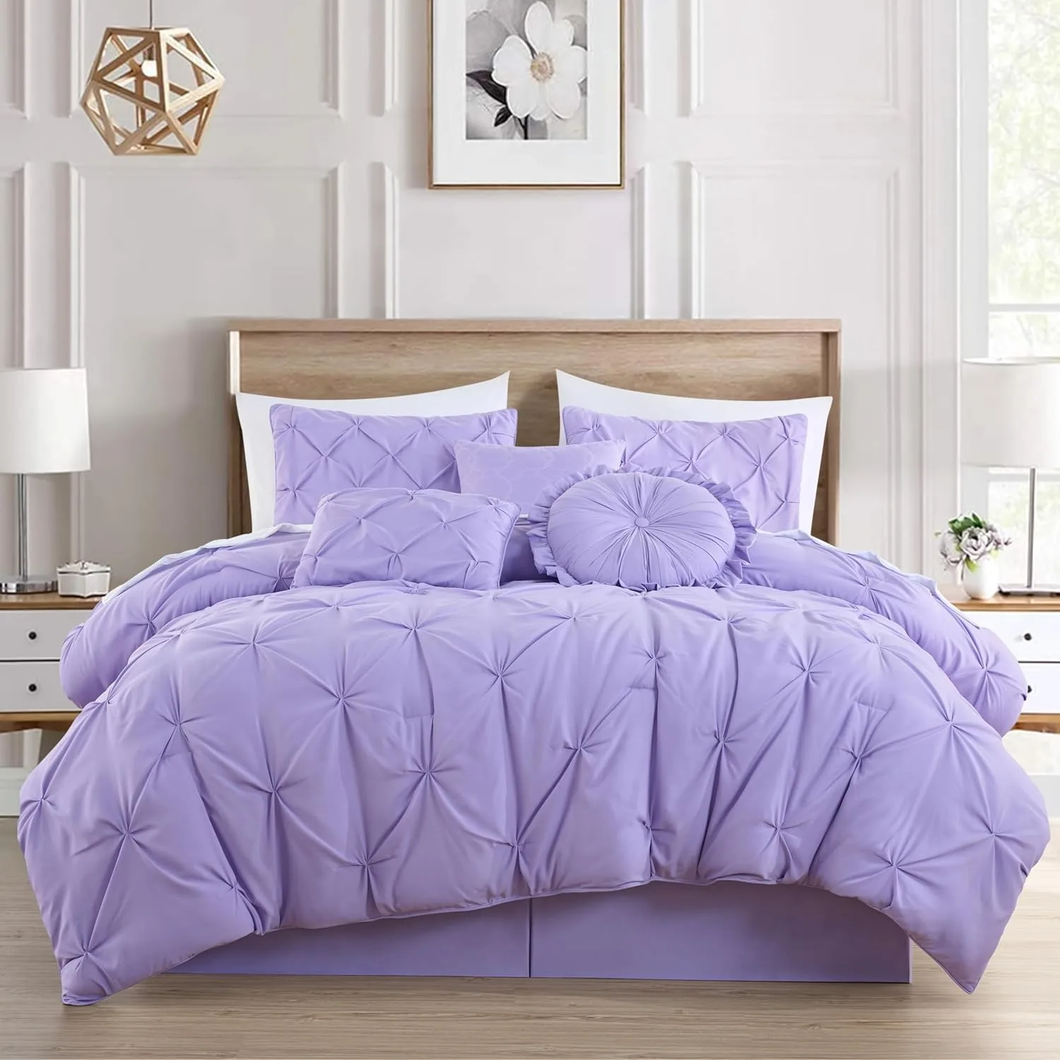 Sydney 7-Piece Pinch Pleat Pintuck Bedding Comforter Set (Full, Lavender)