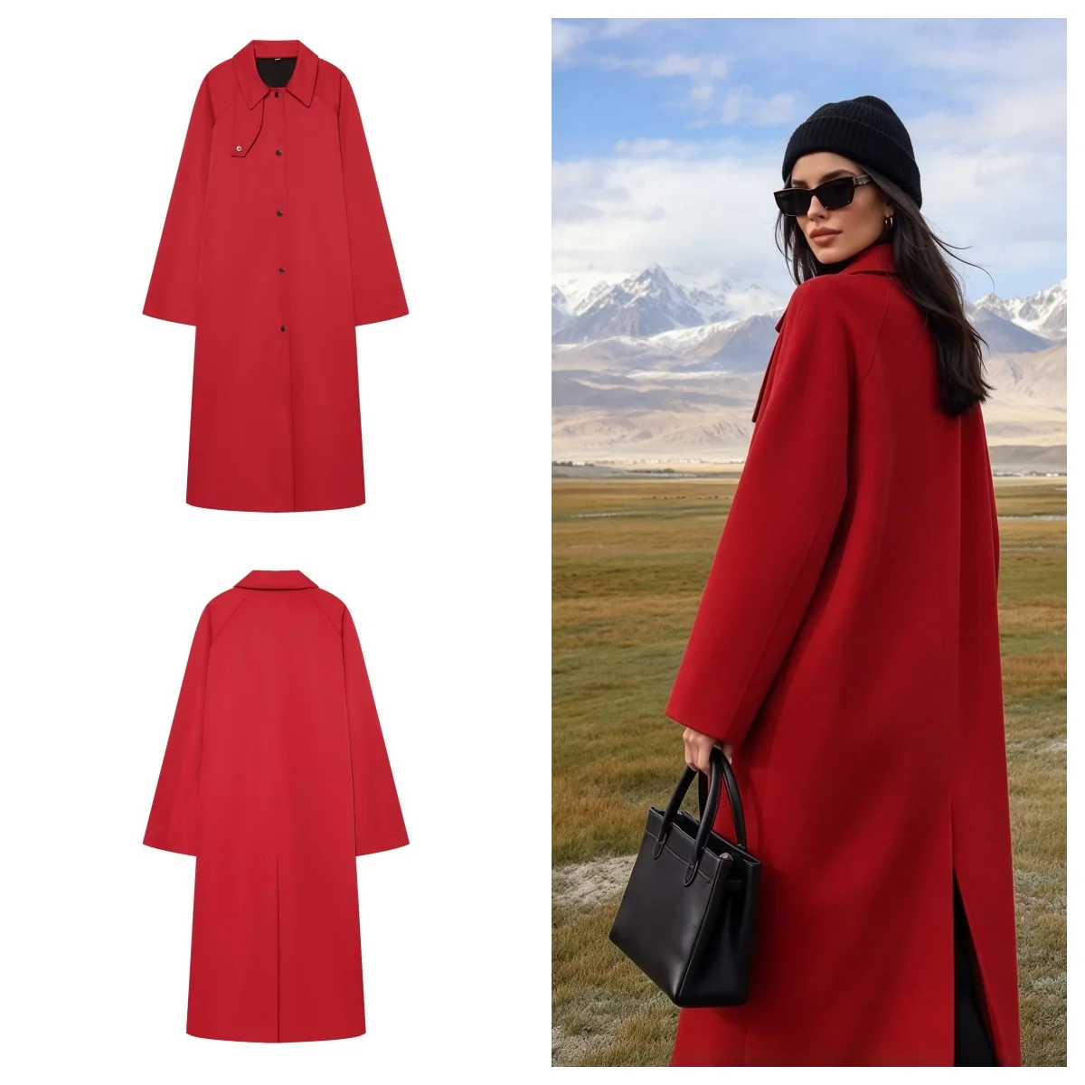 Guobioziy 2026 New Fall Statement Red Long Coat Women Minimalist Lapel Trench Loose Fit For Casual Commute And Street Style