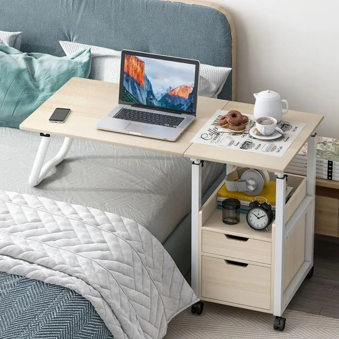 Freestanding Overbed Table with Drawers, Foldable over Bed Desk with Adjustable Height Bedroom Side Table with Wheels Mobile Com