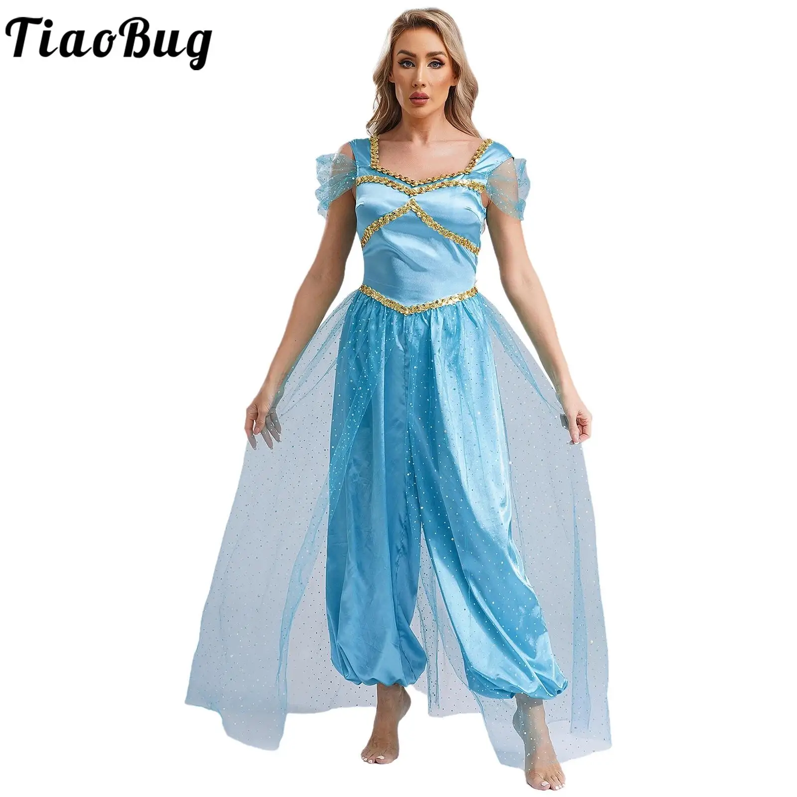 

Women Belly Dance Jumpsuit Halloween Arabian Princess Cosplay Costume Shiny Pumpkin Pants with Tulle Overlay Romper for Carnival