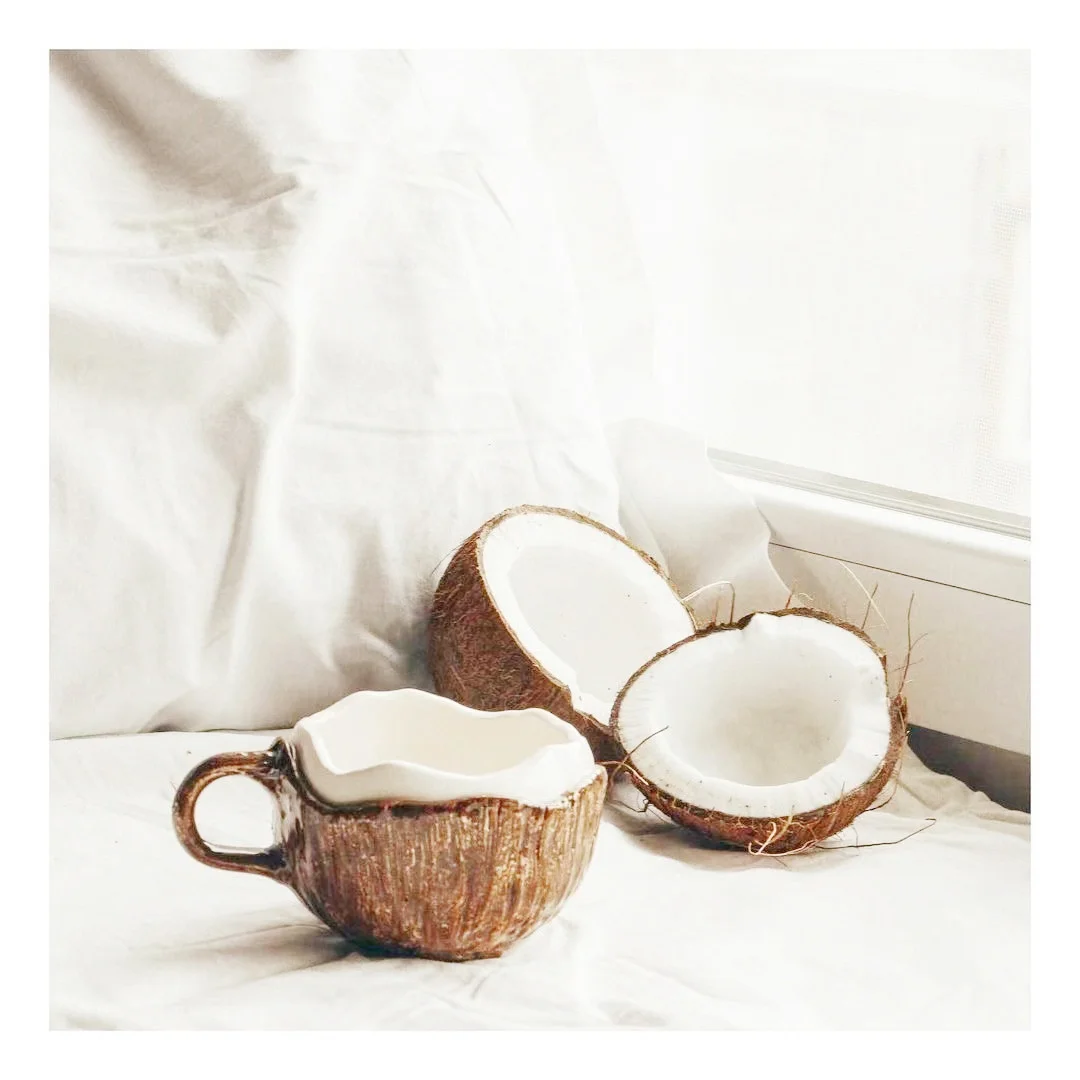 

Vintage Handmade Irregularly Shaped Ceramic Coconut Cup Oatmeal Breakfast Coffee Cup Tea Cup Kitchen