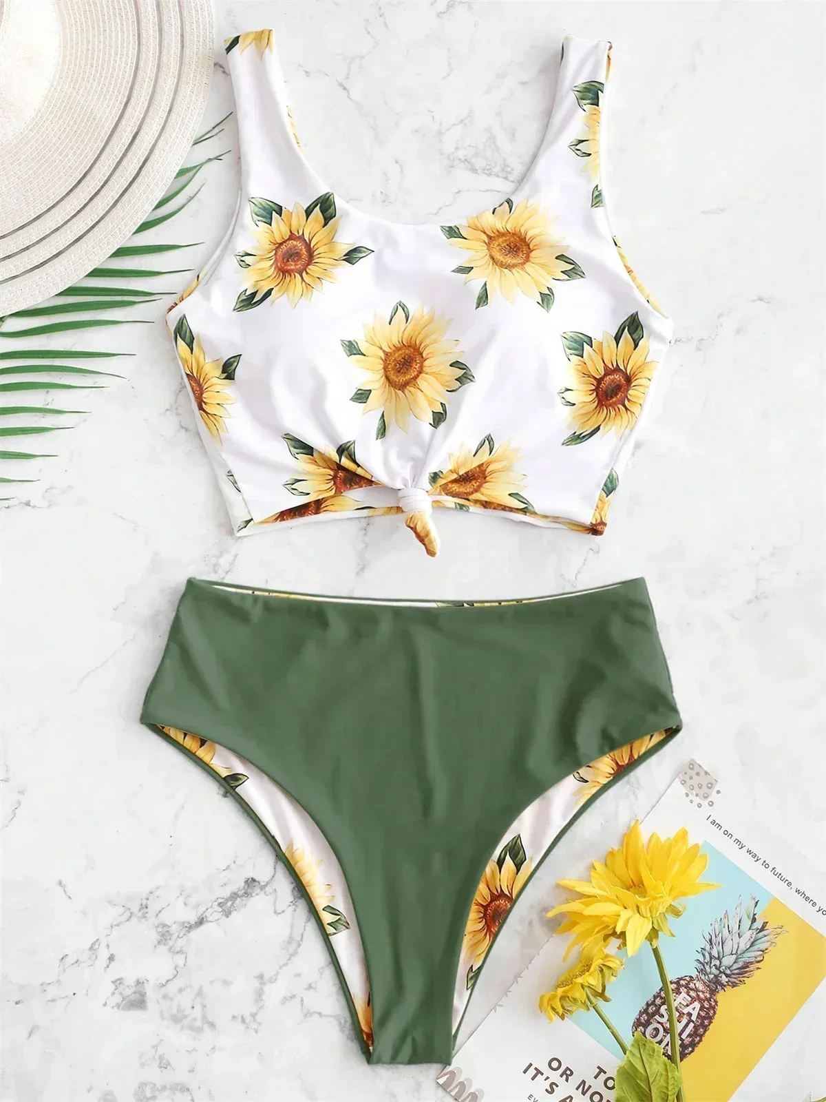 

Sexy Sunflower Print Bikini Set 2025 Push Up Crop Top Reversible Micro Swimwear Women Front Tie Bathing Suit High Waist Swimsuit