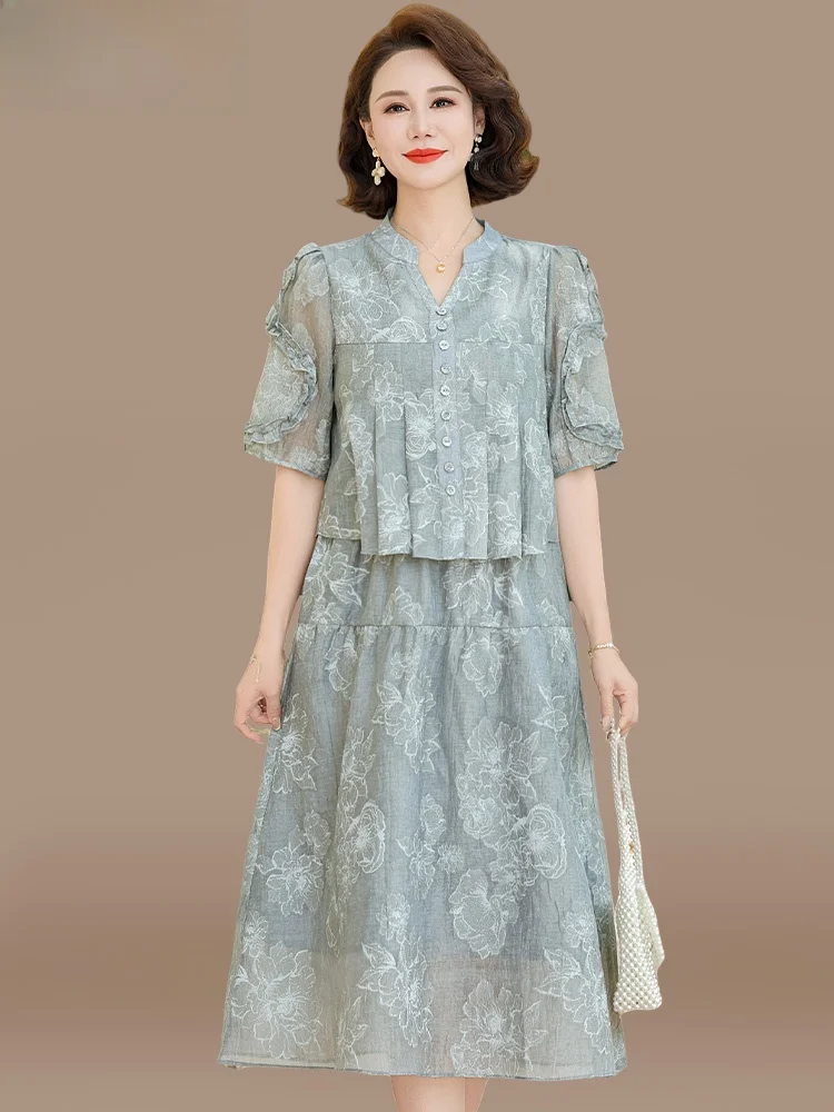 

Летнее модное платье для молодых мам, имитация двух частей, из шифона, с коротким рукавом, для женщин среднего и старшего возраста