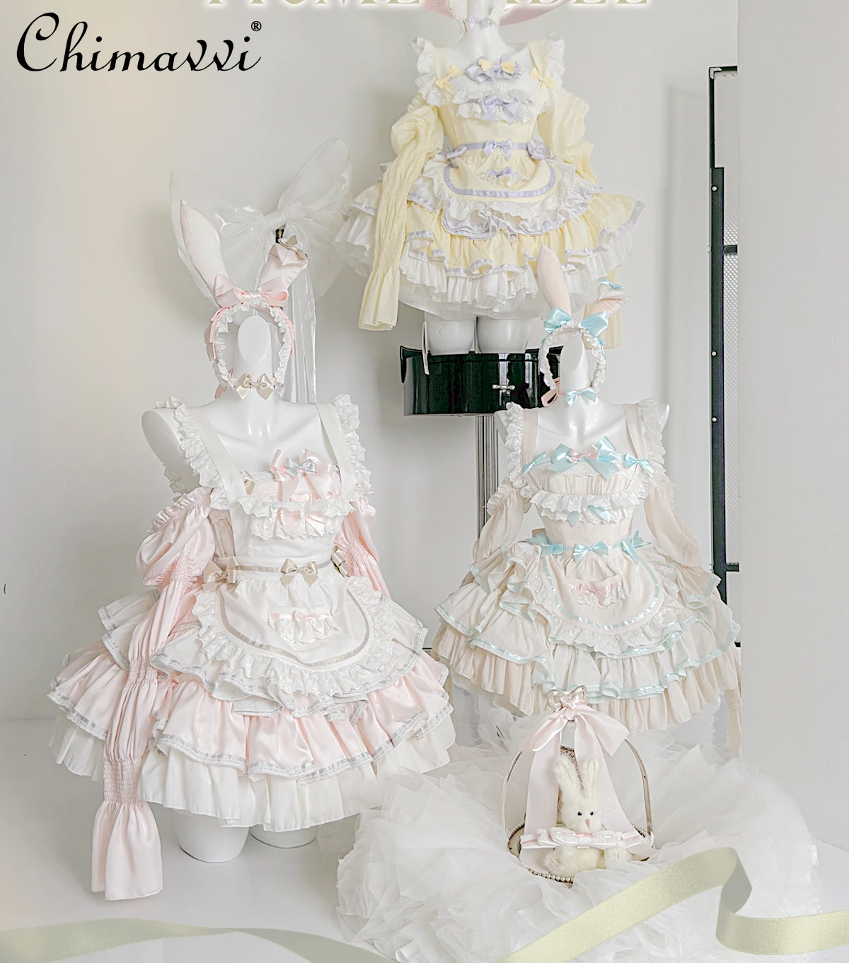 Rabbit Maid Women's Lolita Dress Set Spring New Cosplay Cute Girls Off Shoulder Long Sleeve Slim Bow Party Princess Cake Dresses