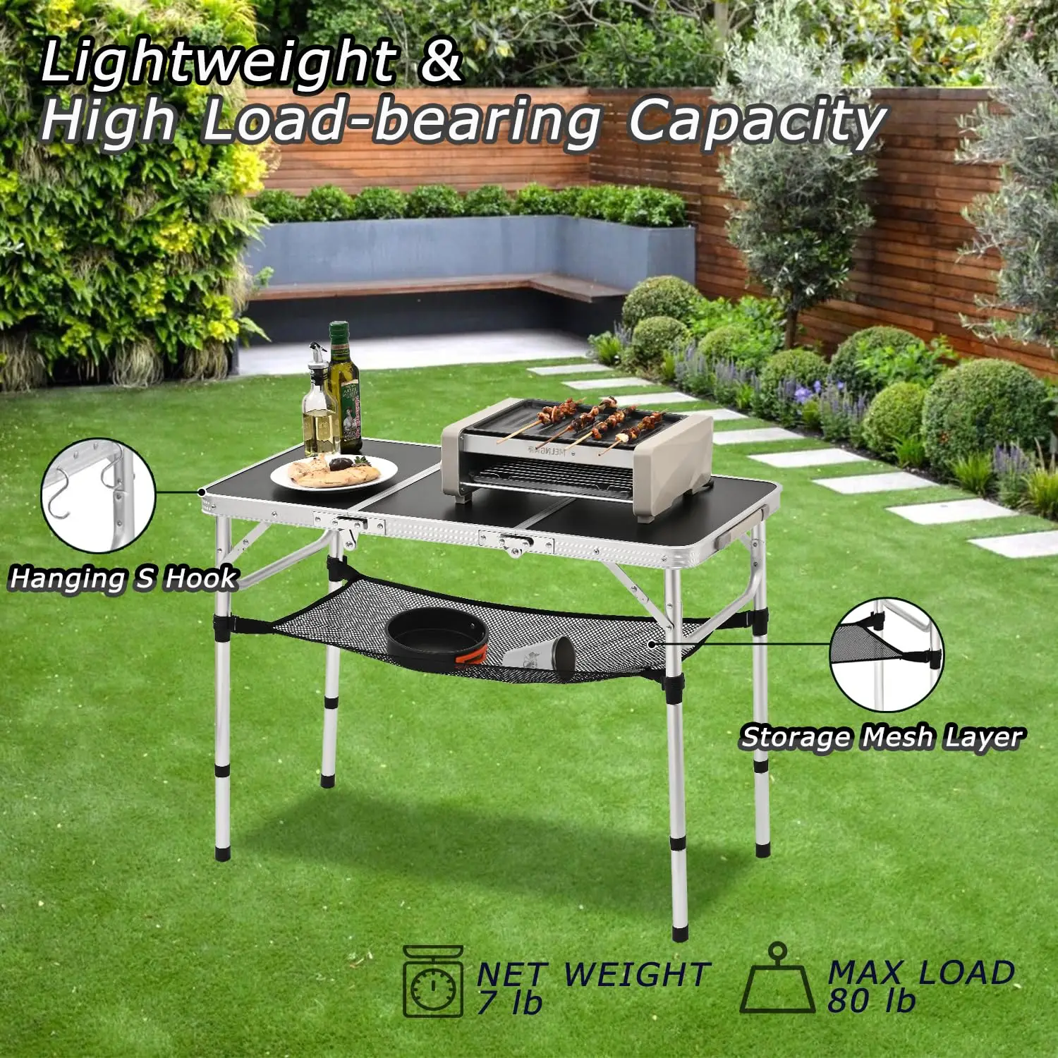 Tri-fold Folding Picnic Table Camping Table Lightweight Portable Aluminum with Adjustable Heights for Outdoor Backyard BBQ