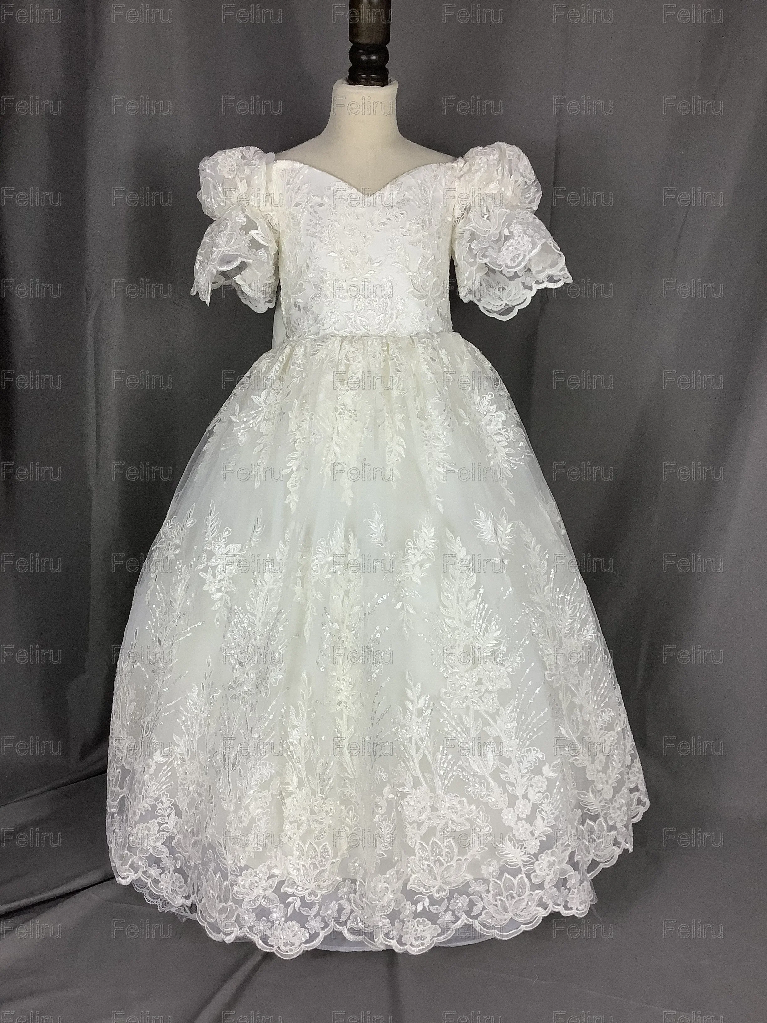 Vestidos da menina de flor para o casamento rendas fora do ombro inchado manga curta comunhão dama de honra marfim aniversário batismo vestidos de baile