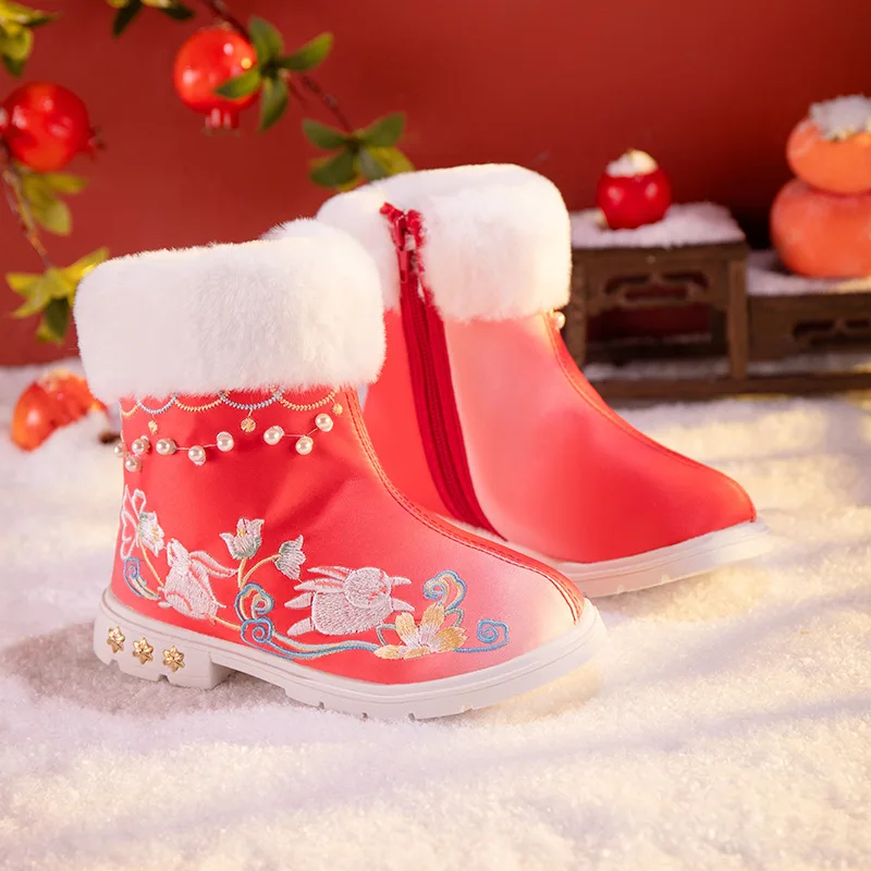 CY348 Nuovi stivali invernali Hanfu Performance antica Scarpe per Capodanno per bambini Stivale in cotone ricamato per bambini Donna