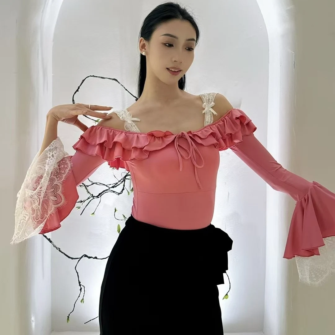 

Lace Suspender Flared Sleeves Latin Dance Tops Ballroom Dance Performance Clothes Rumba Waltz Dance Practice Clothing BL15832