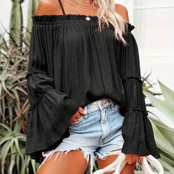 Women's Plus Size 1XL-5XL Fashion Ruched Strap Blouse Ladies Casual Of'f shoulder Solid Color Long Sleeve Shirt Tops