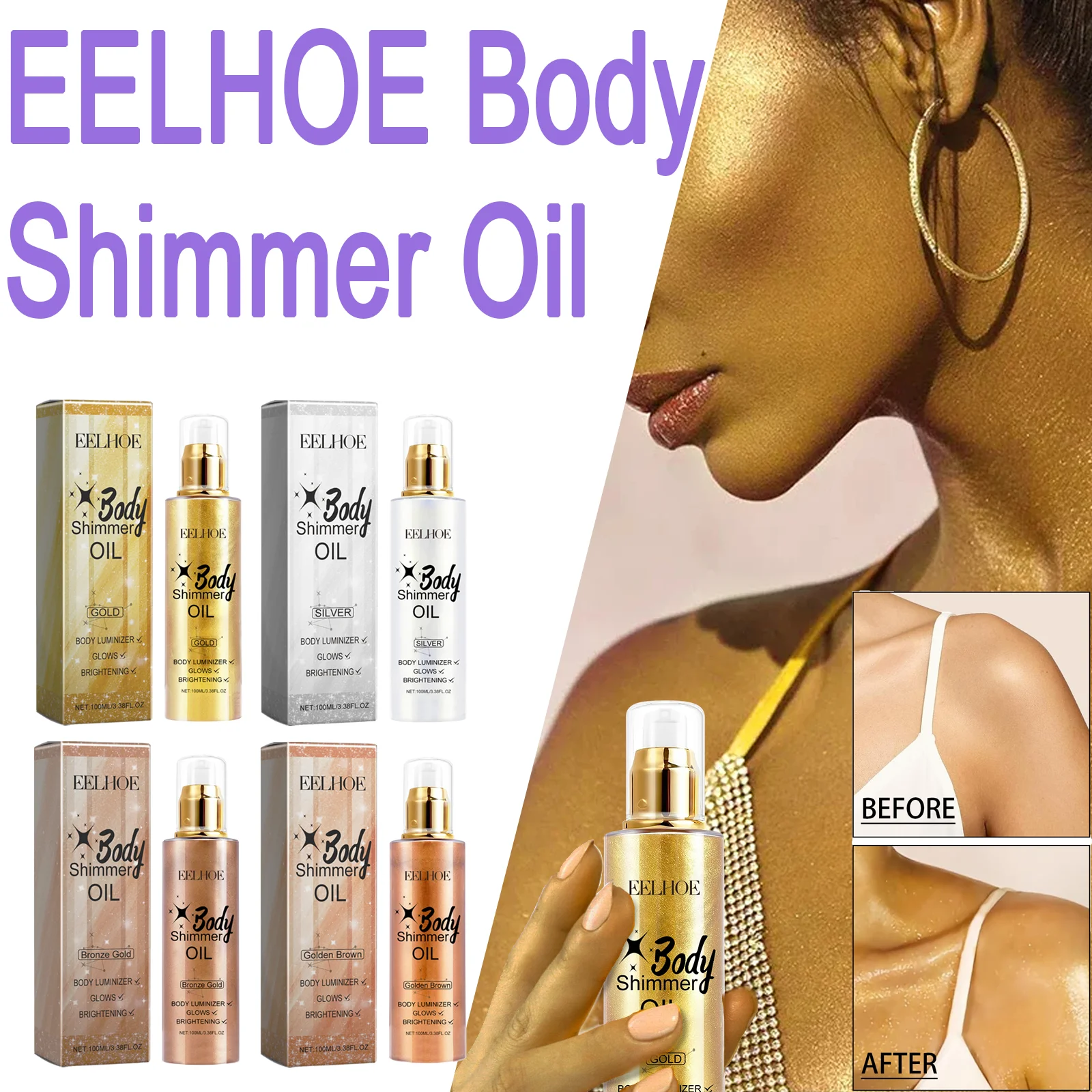 EELHOE Body Shimmer Oil Enhance Skin Tone Long-Lasting Easy To Color Long-Lasting Moisture Light Texture Not Heavy Shimmer 100ml