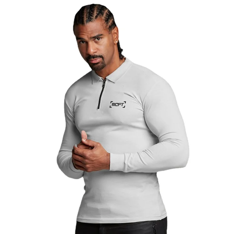 New Autumn Fashion Mens Stretch Cotton Gym Sports Fashion Casual Turned-collar Zipper Long Sleeve POLO Shirt