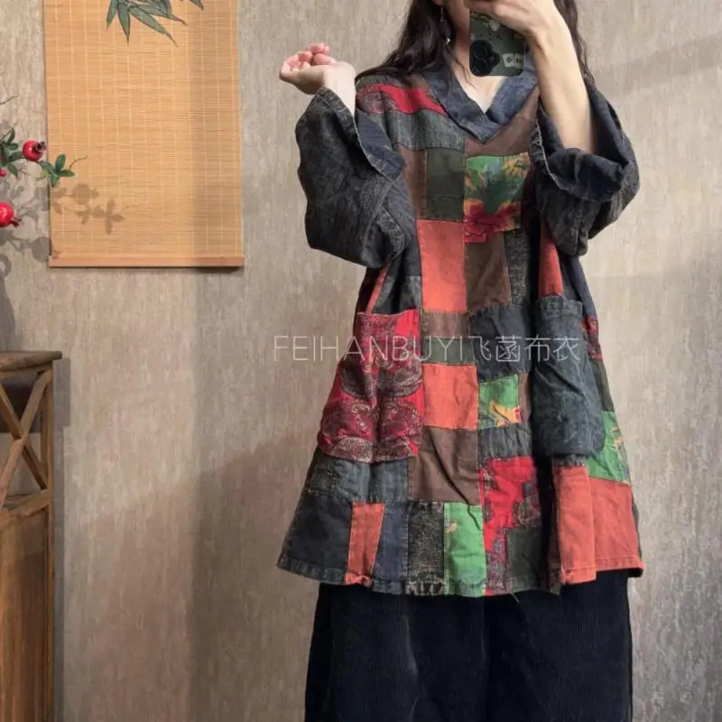 

Новые весенне-осенние женские свободные длинные топы в стиле искусства с v-образным вырезом, винтажные лоскутные дизайнерские хлопковые льняные футболки высокого качества F159