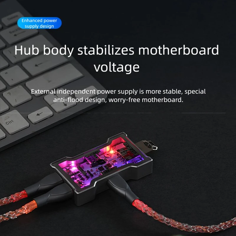HMLAB Hub Little Gaming USB HUB 2 In 3 Out Portable Desktop Expansion Dock Aluminum Frame Double Glass Shell RGB Lights HMHUB
