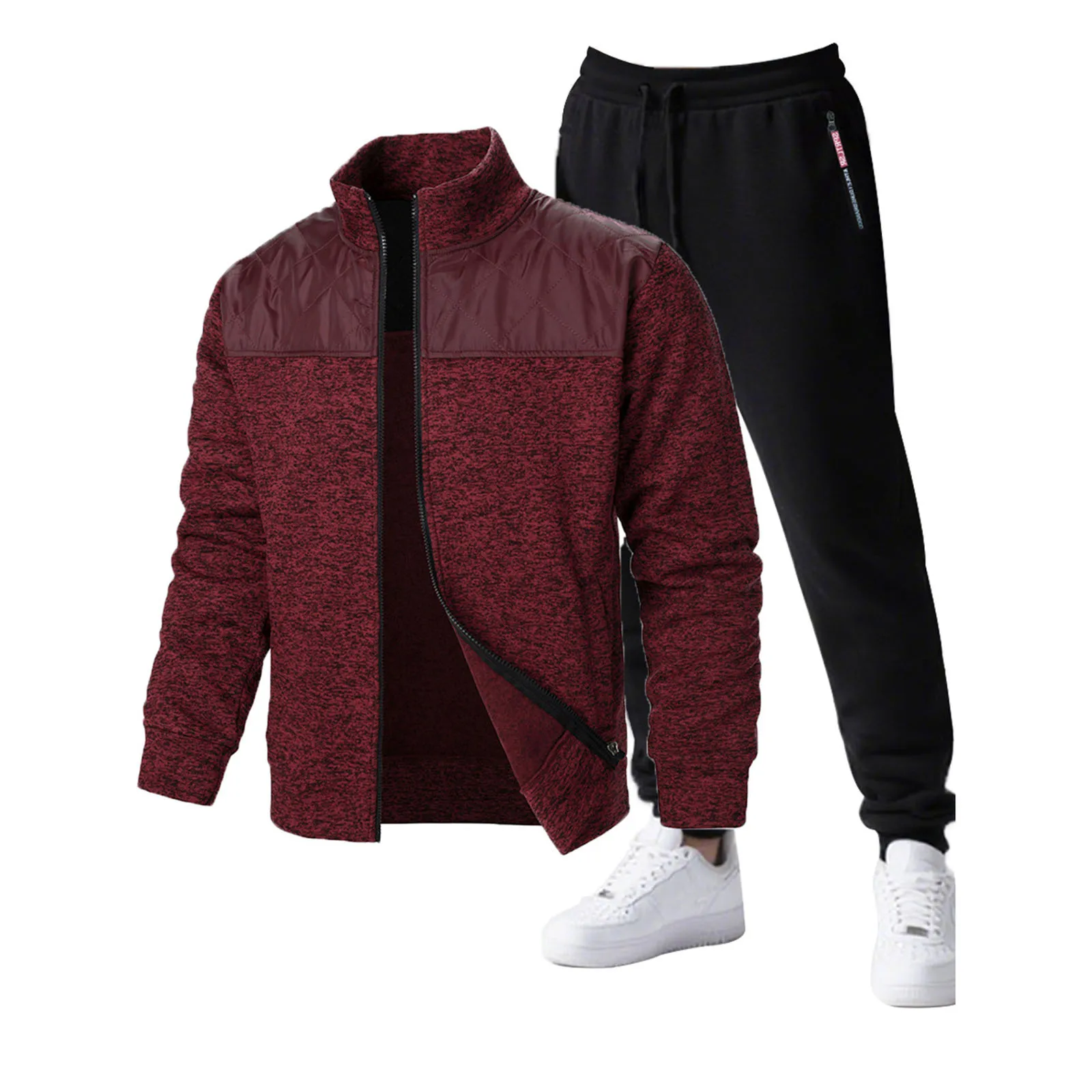 

Men'S Casual Patchwork Sweater Zipper Solid Color Cardigan Set Nine Point Ankle Length Pants Stand Up Collar Warm Jacket