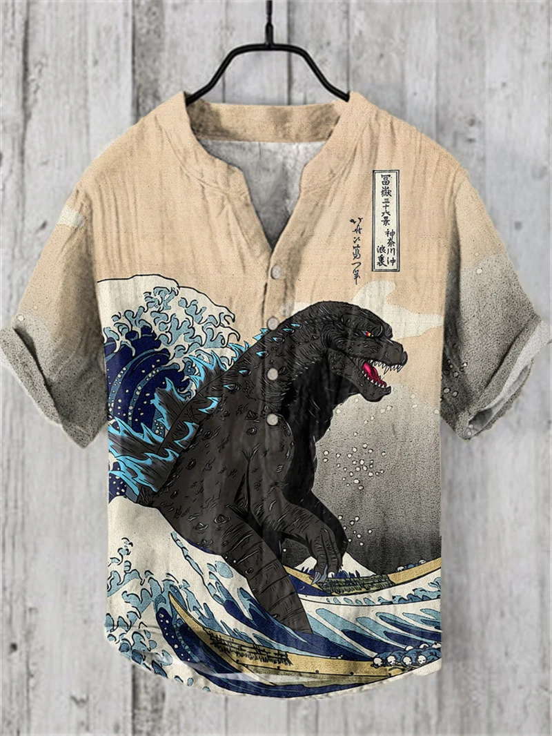 2024 Summer Japanese Style Water Monster Pattern Printed Men\'s Short Sleeve Linen Shirt Hawaii New Giant Monster Shirt