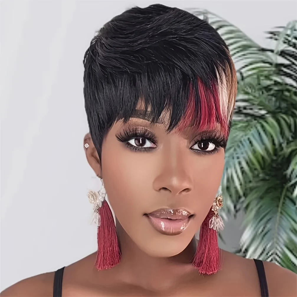 ピクシーカットストレート人毛ウィッグ レディース オンブレカラー フルマシンメイド ショートレイヤードストレートウィッグ 前髪付き