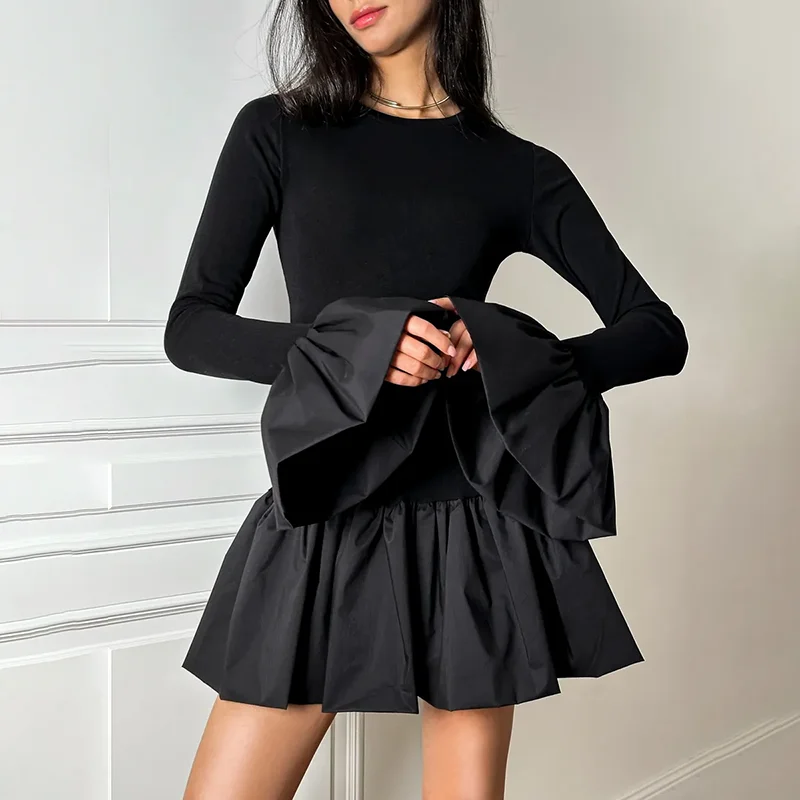 フレアスリーブミニドレス レディース ファッション スプライスフォールドドレス Aラインヘム ボディコン 女性 エレガントドレス 2025 夏新作