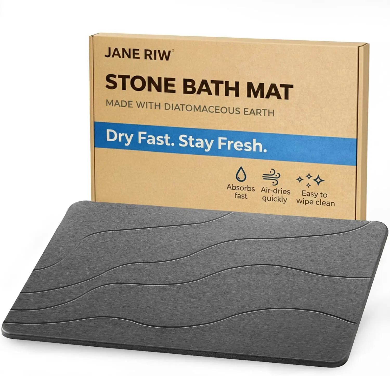

Quick-Dry Stone Bath Mat, Absorbent Shower Mat for Tub Exit, Dark Gray Wave Design 23.5x15.5 Inches