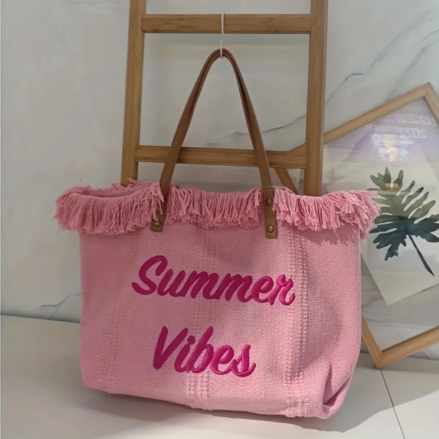 Letter Embroidery Tote Bag, Fringe Trim Canvas Handbag, Women's Summer Beach Shoulder Bag