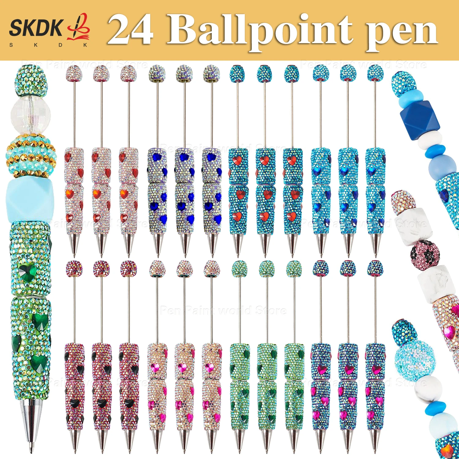 

24Pcs Multi-Color Crystal Heart Bead Pen – DIY Craft for Wedding Favors, Office, and Travel Ballpoint Pen