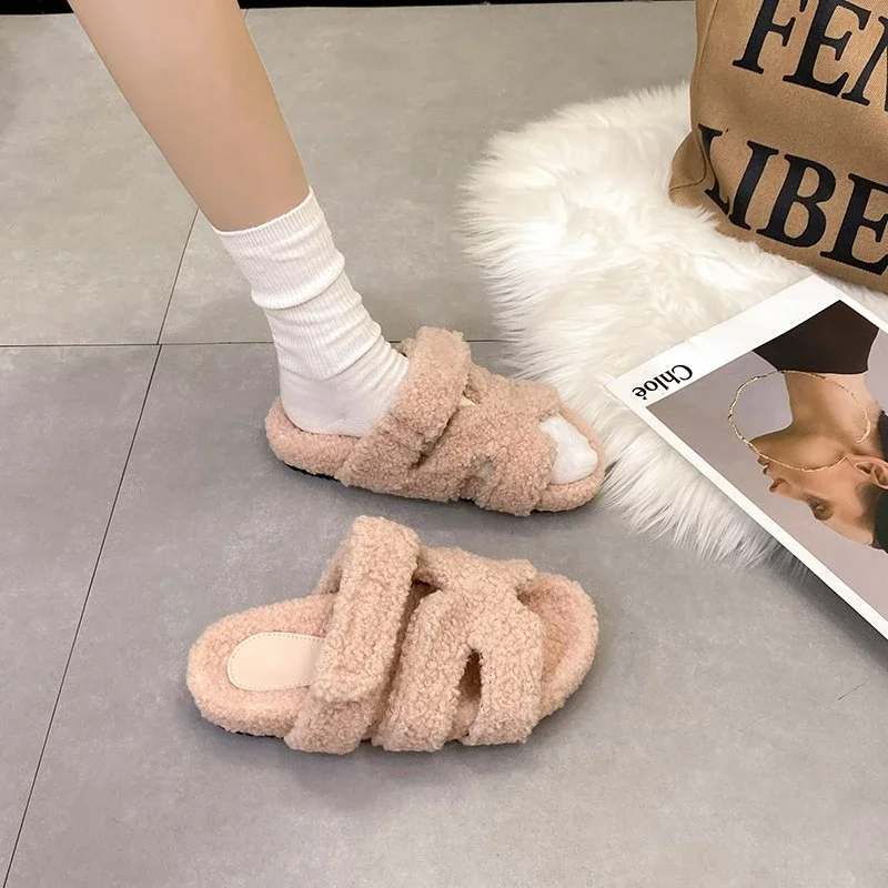 Cow Suede Fur Casual Sandals Women Home Slipper Shoes Flat With Open Toe Solid Spring Autumn Party Big Size Shoes Warm Slip On