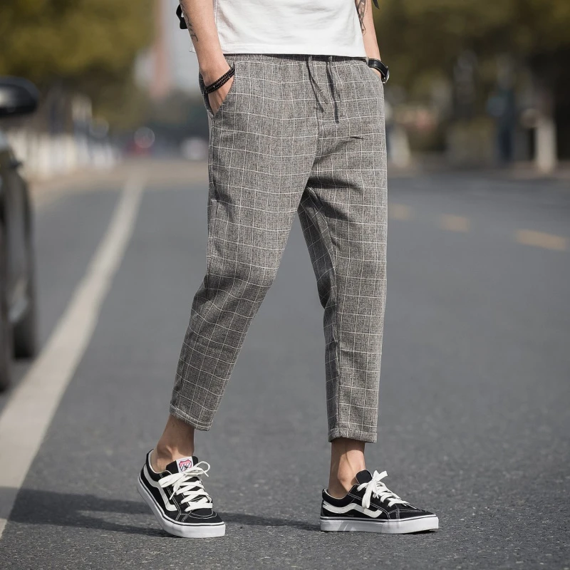 Plus Size M-5XL Men Plaid Ankle Length Cotton Linen Jogger Pants Casual Fashion Sweatpants Trousers Street Summer