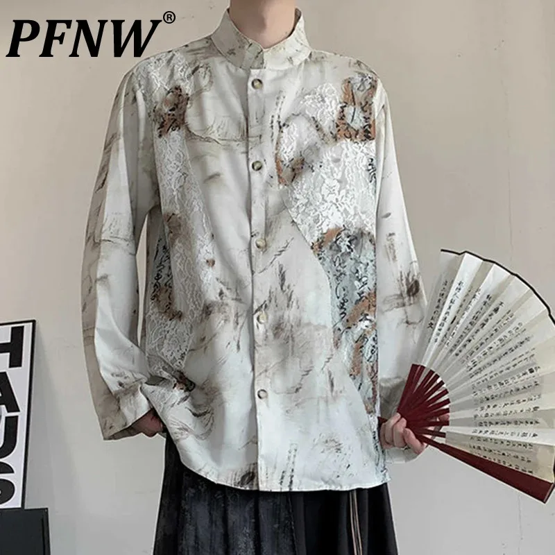 

PFNW Chinese Style Men's Shirts Lace Patchwork Printing Stand Collar Long Sleeve Casual Male Clothing Single Breasted New 12C829