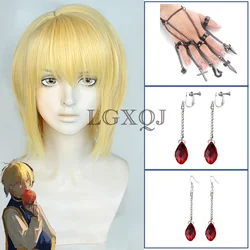 Kurapika Kurta Peluca de Cosplay Anime, pelucas doradas Kurapika, anillo, pendientes, utilería, pelucas de fiesta resistentes al calor + gorro de peluca gratis