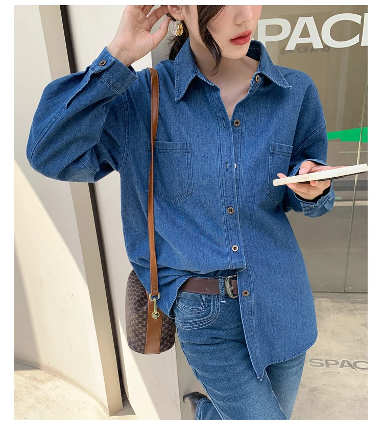 2024 new real shot large size vintage denim shirt Hong Kong flavor design shirt autumn long sleeve Korean version shirt coat