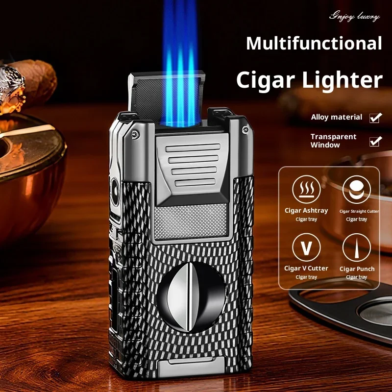 6-in-1 Multifunctional Cigar Lighter with 3 Jet Blue Flames Powerful Firepower Visible Gas Window High end Butane Gas Lighters