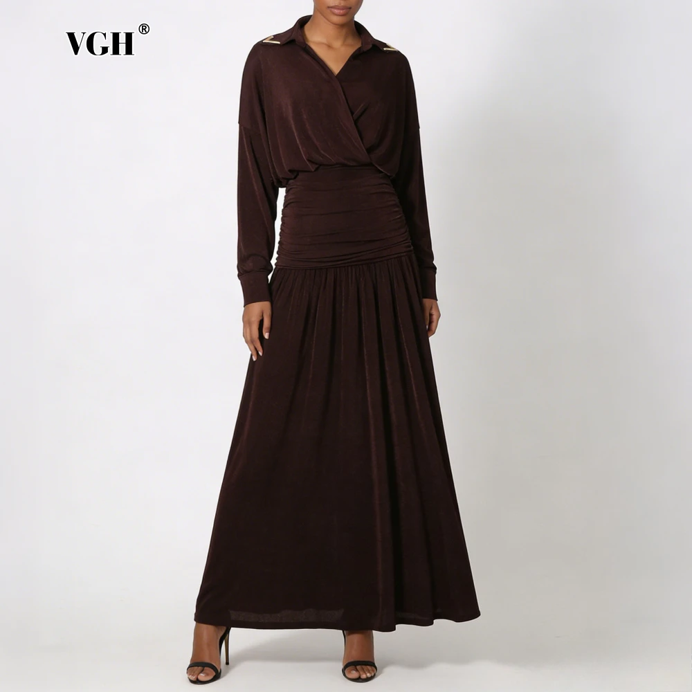 VGH Coffee Loose Spliced Folds Dresses for Women Lapel Half Sleeve Gentle Intellectual Dress Female Autumn Fashion New Clothing