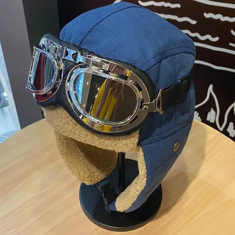 Outdoor Aviator Hat Glasses Warm Winter Men Women Korean Version Ins Thickened Warm Cycling Ear Protection Cold Lambswool Hat