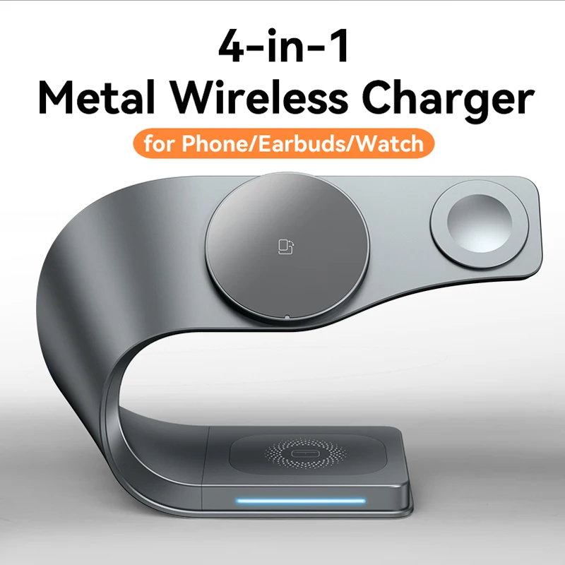 เปลือกโลหะ 4 in 1 Wireless Charger สําหรับ iPhone 15 14 13 12 Magnetic Fast CHARGING Station แท่นวางสําหรับ Apple Airpods นาฬิกา