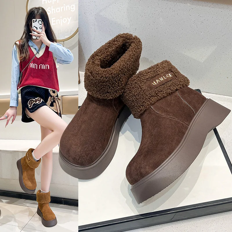 

Autumn and winter new thick soled suede round toe snow boots for women Korean version