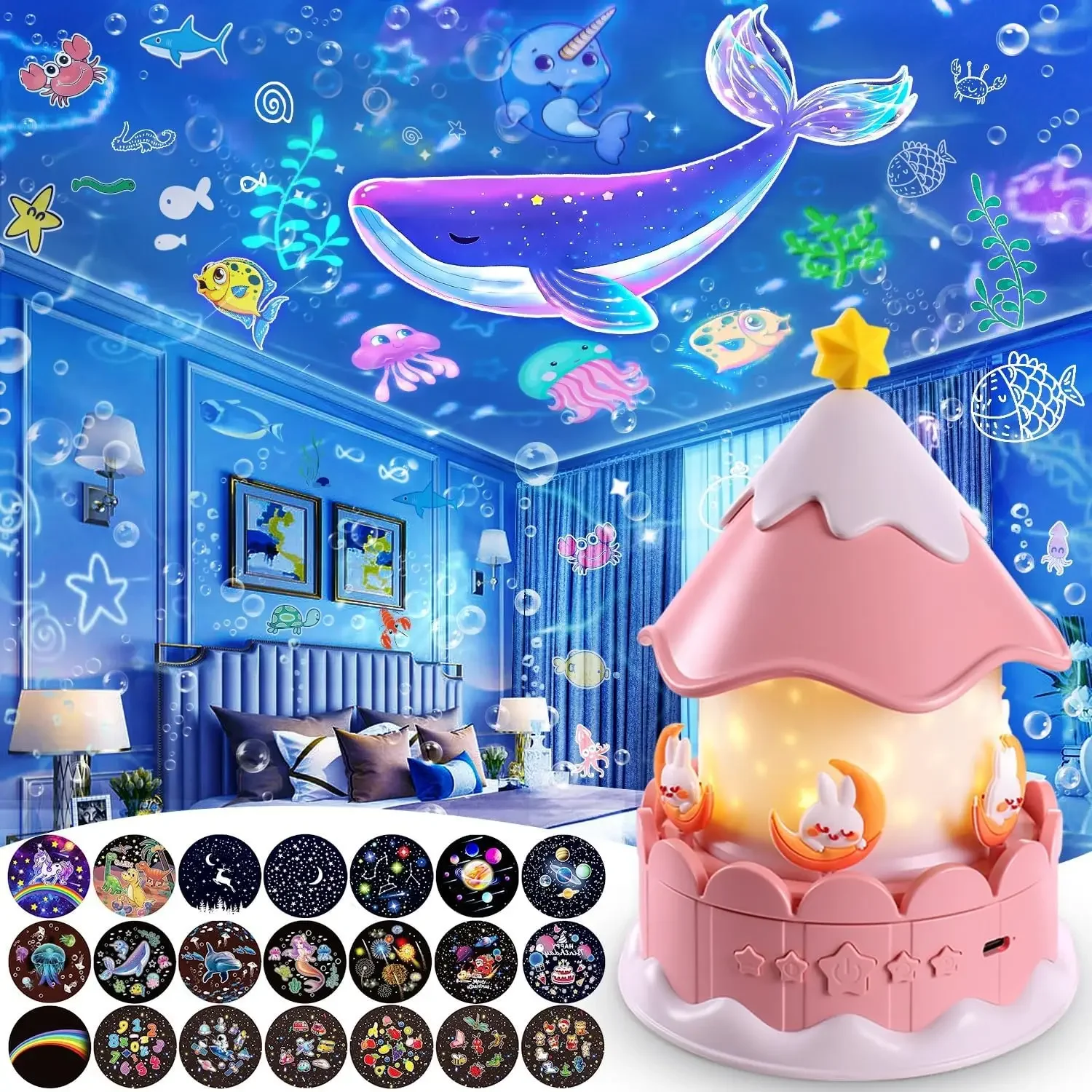 21 Sets of Films, Night Lights for Kids, 360° Rotating Star Galaxy Projector for Bedroom Birthday, Christmas Gifts, Room Decor