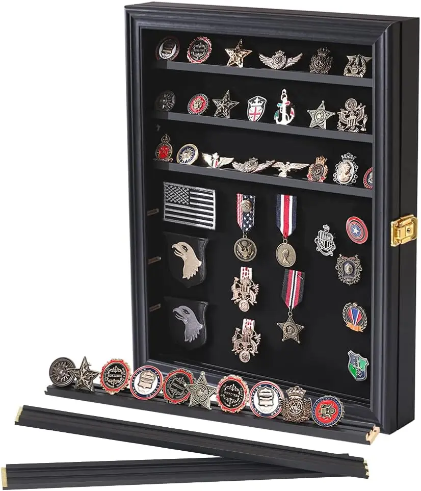 

Medals Display Case Wall Frame for Collector Military Challenge Coins Holder Pins Lockable Shadow Box with Removable Shelves