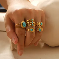 Titanium Steel with Turquoise Ring 18K Gold Plated Stainless Steel No Lose Color Finger Jewelry for Women Girls Wholesale