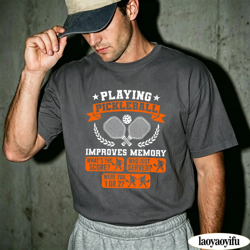 Playing Pickleball Improves Memory Stick Figure Graphic Men Cotton Short Sleeve T Shirt Funny Athlete Casual Summer Clothing