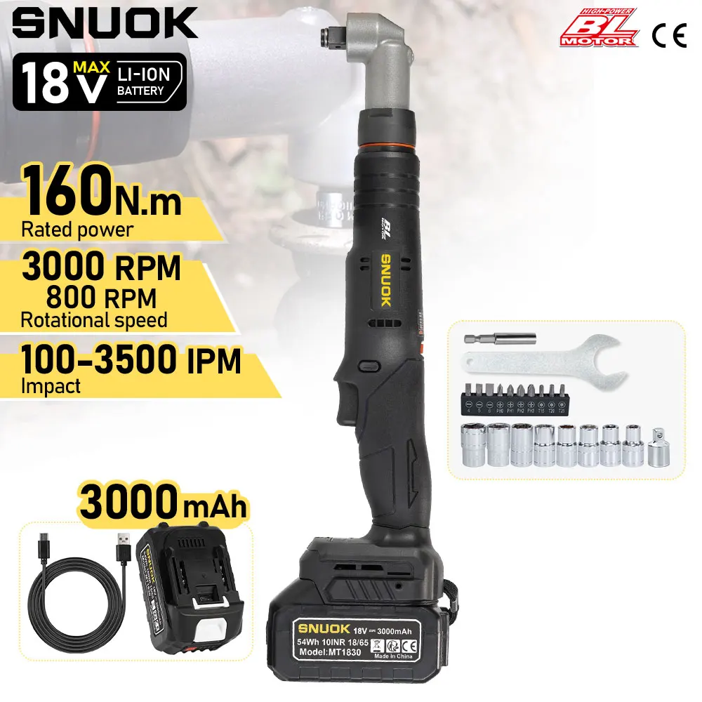 SNUOK 18V bürstenloser Winkelschlagschrauber 1/2", 6-Gang 160N.m Dual-Use-Schlagschrauber, 3,0Ah Typ-C für Makita-Akkus Lade-Kit, kabelloser 1/4" Elektroschrauber, professionelles Elektrowerkzeug für