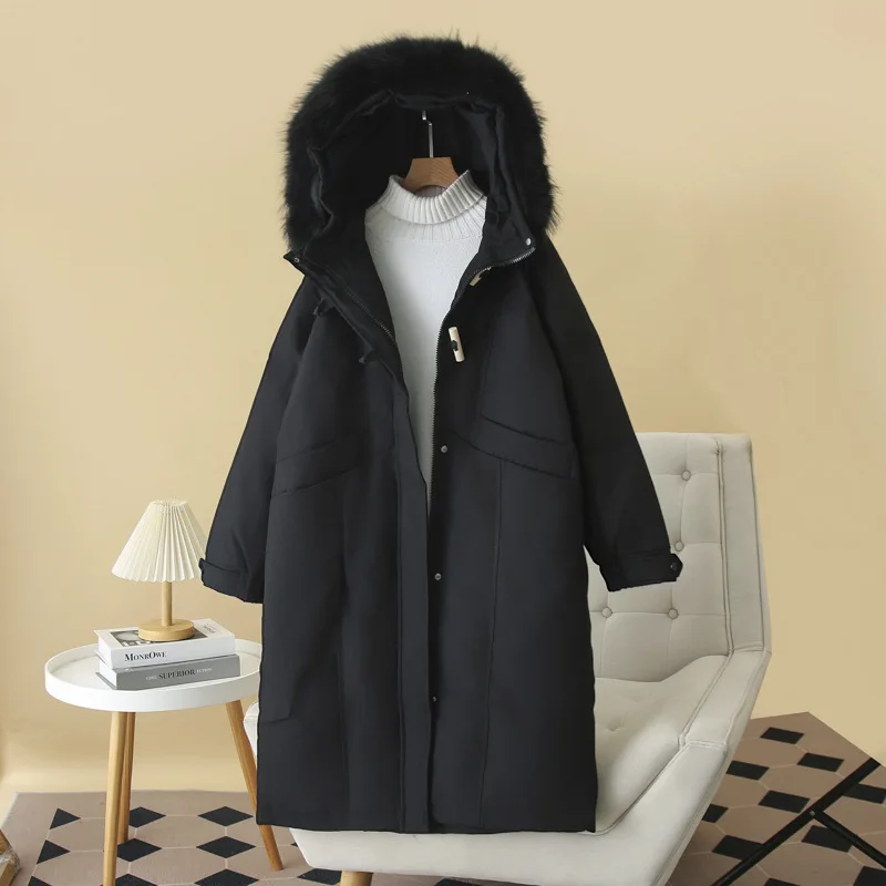 Plus Size Women Winter Down Coat Loose Thicken True Raccoon Fur Collar 50% White Duck Down Long Jacket 2787