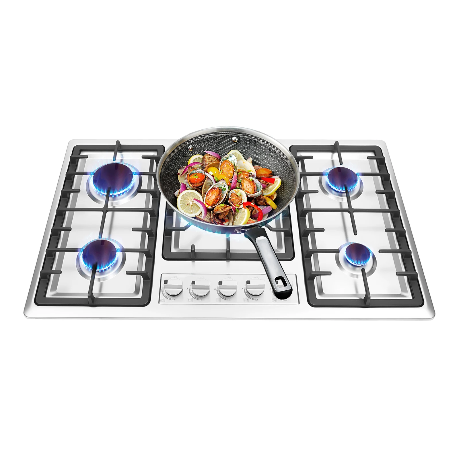 Estufa de gas de 5 quemadores, estufa de gas de acero inoxidable, estufa de encimera y empotrable para el hogar, restaurantes, hoteles