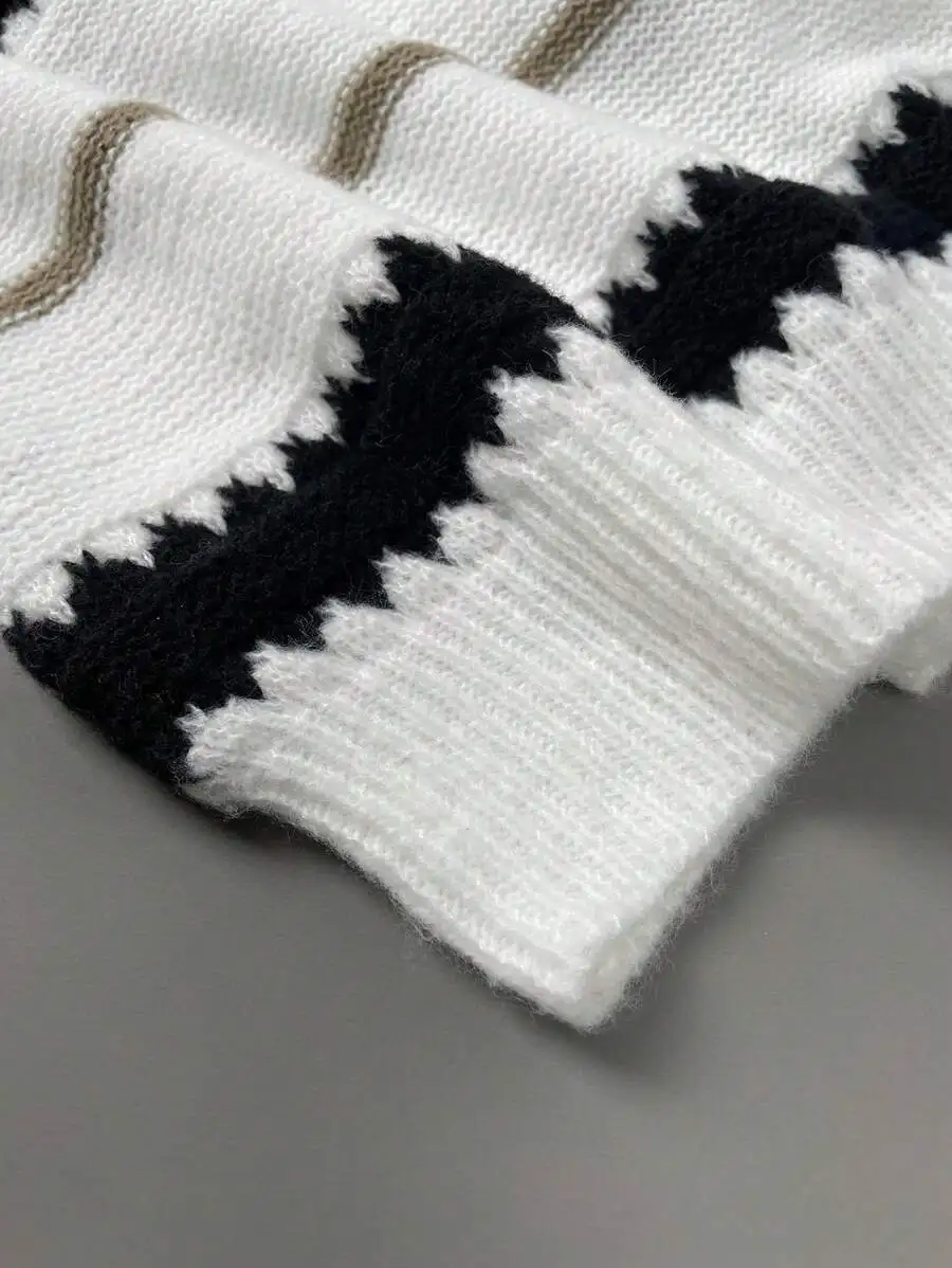 

Womens Casual Striped Drop Shoulder Loose Knit Long Sleeve Pullover Sweater White