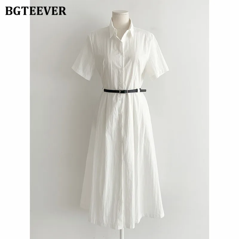 BGTEEVER Abito camicia da donna a maniche corte vintage a vita sottile Abito estivo a trapezio femminile monopetto con cintura