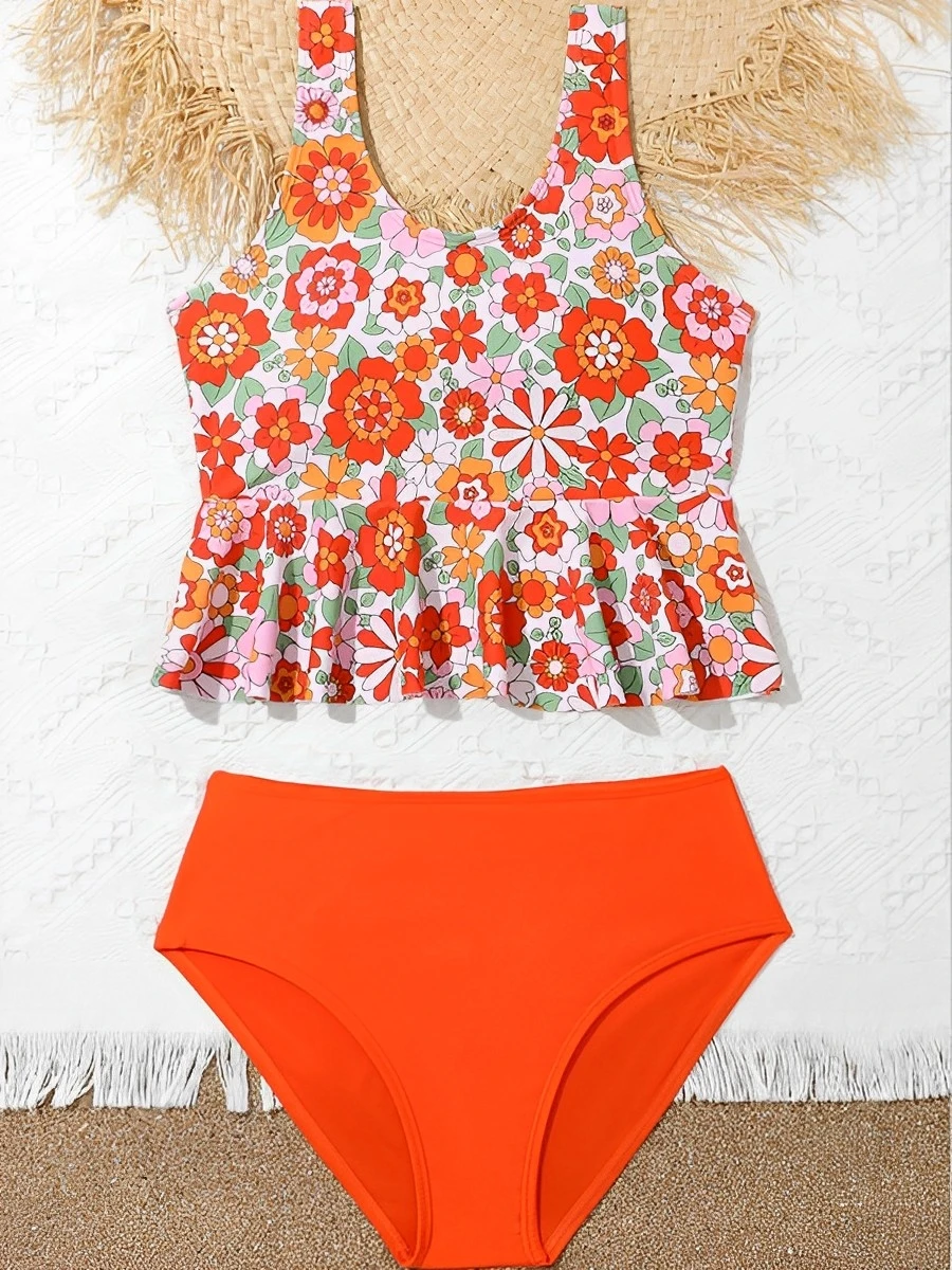 

Детский купальник для девочек 2026: Цветочный комплект из двух частей с высокой талией, пляжная одежда для плавания