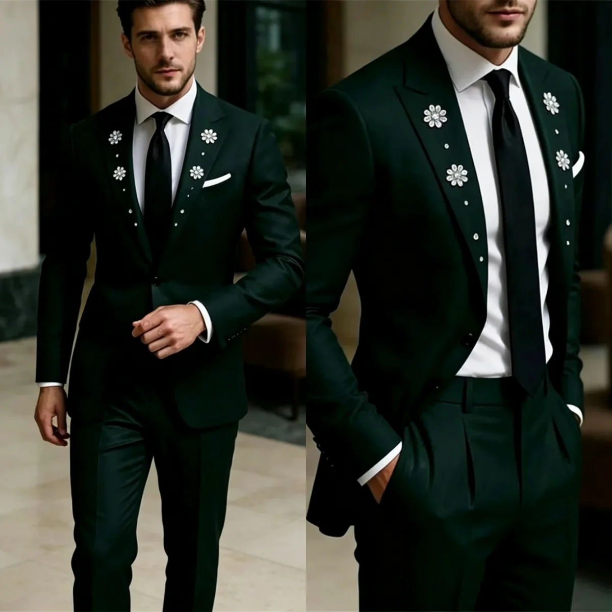 Classic Wedding Tuxedos Crystal Notched Lapel Single Breasted Men Suit Fashion Jacket Pant Groom Evening Prom Blazers Customized
