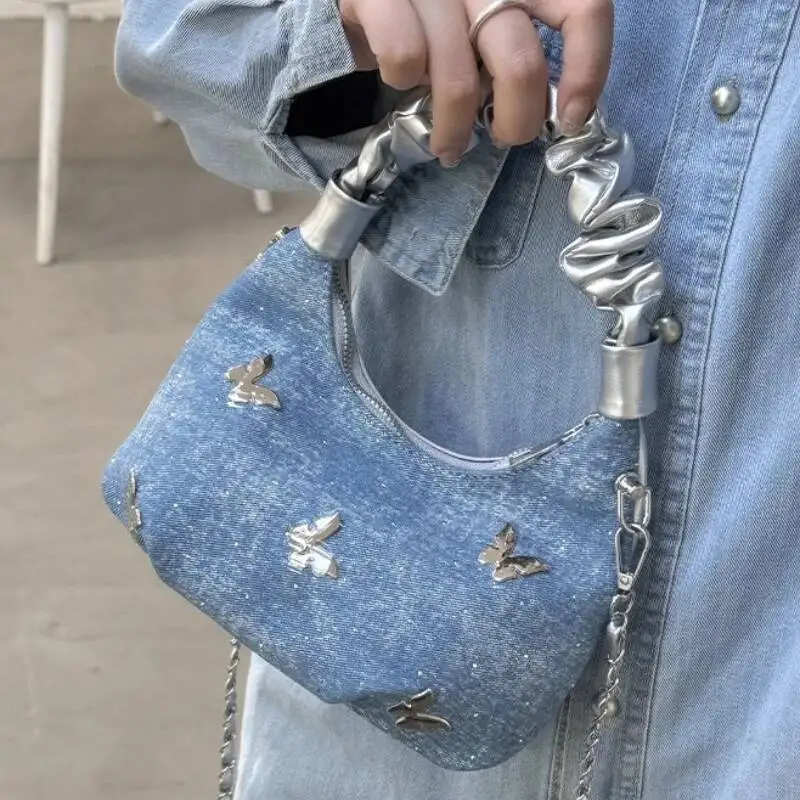 Y2k Sweet Butterfly Patchwork Top-Handle Bags Women Fairy Chain Shoulder Crossbody Bag Kawaii Cute Pleated Purses And Handbags