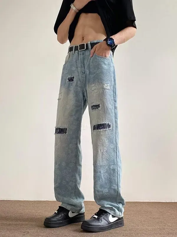 

Waed out Vintage Floral Embroidery Men's Jeans Summer American Patch Fake Hole Straight Leg Workwear Trousers Casual Jeans