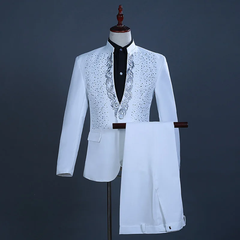 2025 New White/red /black Hot Flower Hot Diamond Collar Men Suit Set, Annual Meeting Host Singer Stage Party Performance Dress
